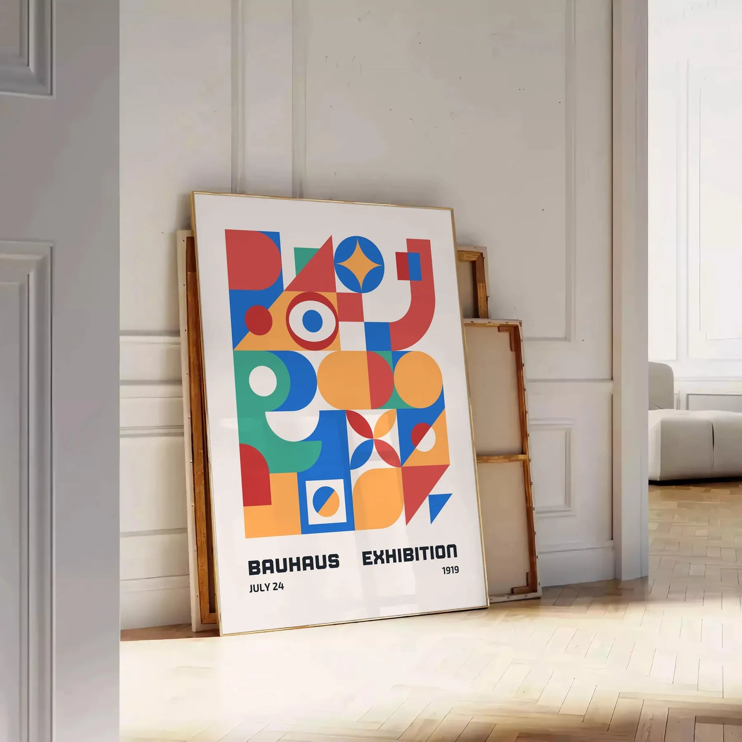 space stunning Bauhaus geometrical poster art vibrant orange blue hues gift wall collection modern print timeless design creativity unframed artwork