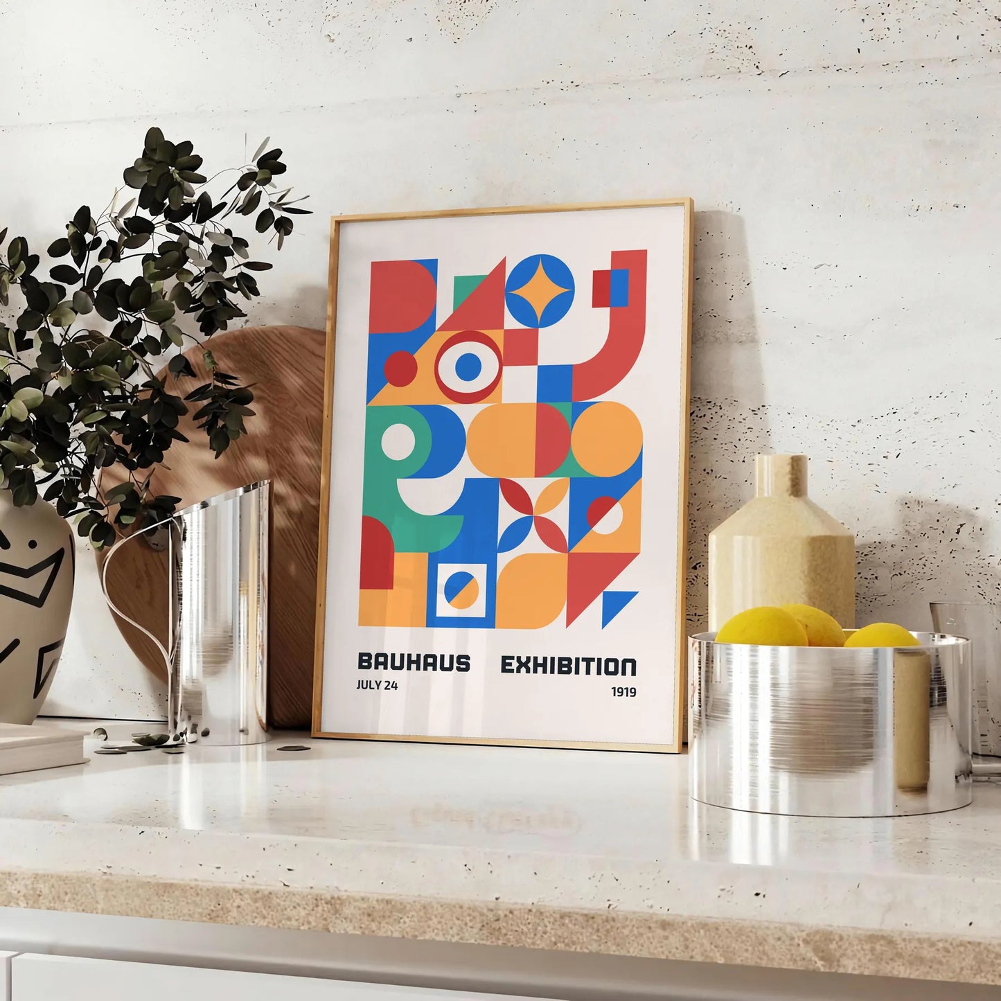 space stunning Bauhaus geometrical poster art vibrant orange blue hues gift wall collection modern print timeless design creativity unframed artwork