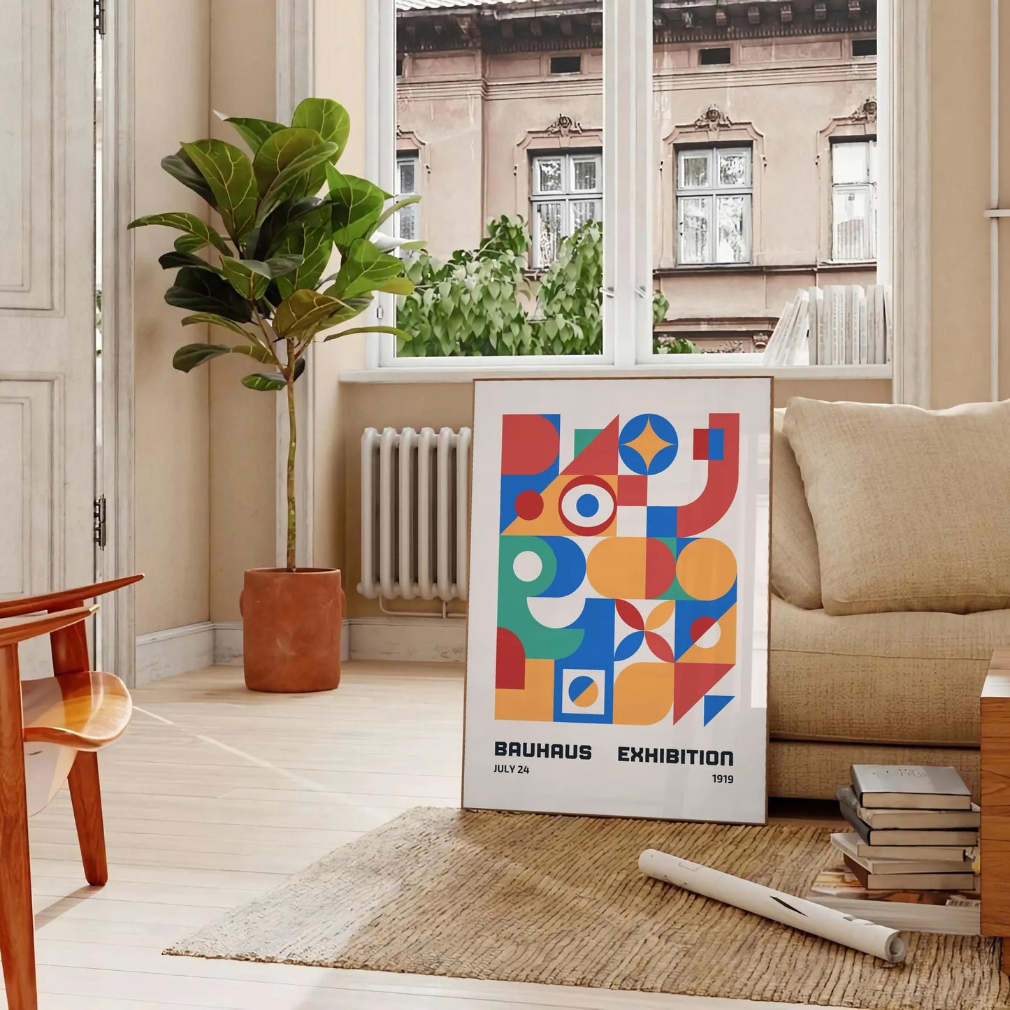 space stunning Bauhaus geometrical poster art vibrant orange blue hues gift wall collection modern print timeless design creativity unframed artwork
