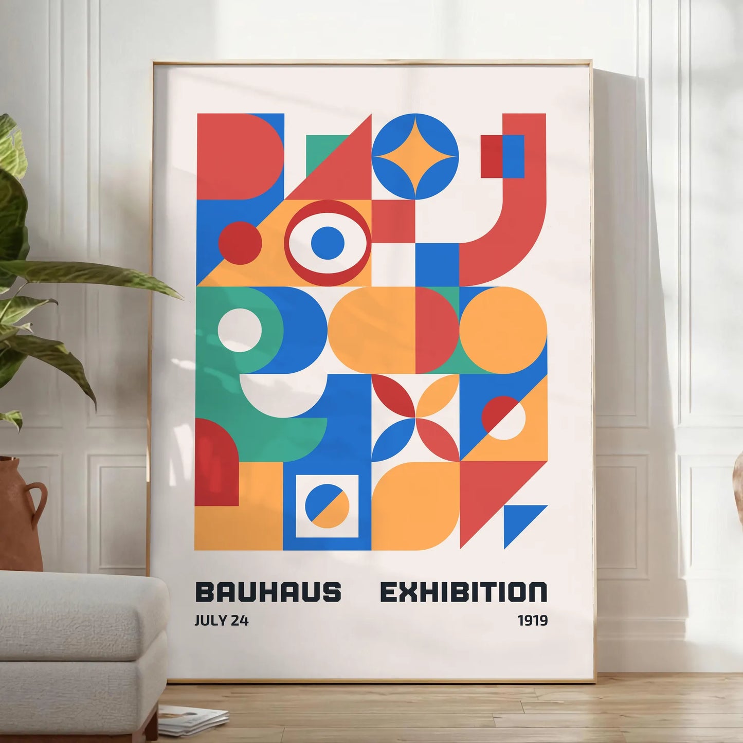space stunning Bauhaus geometrical poster art vibrant orange blue hues gift wall collection modern print timeless design creativity unframed artwork