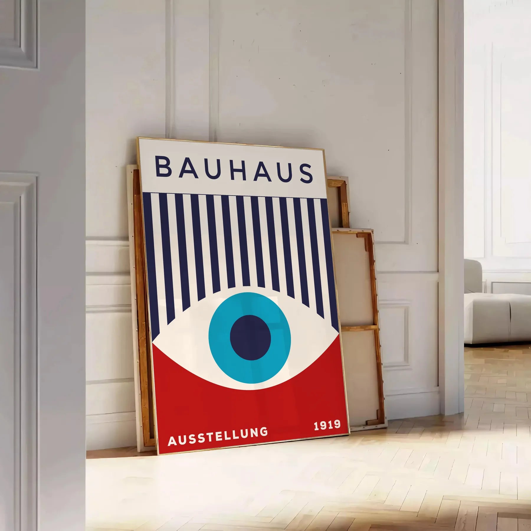 space Bauhaus wall art geometrical designs vibrant blue red eye poster perfect modern interiors thoughtful gift A4 cm A0 sizes room stylish artwork