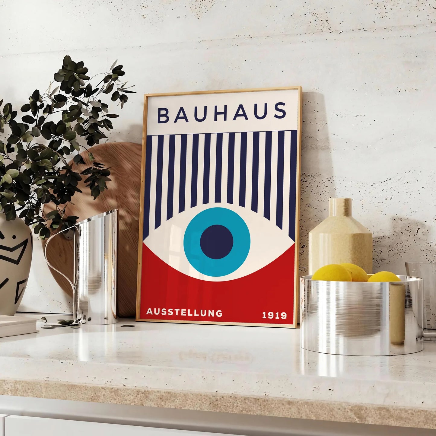 space Bauhaus wall art geometrical designs vibrant blue red eye poster perfect modern interiors thoughtful gift A4 cm A0 sizes room stylish artwork