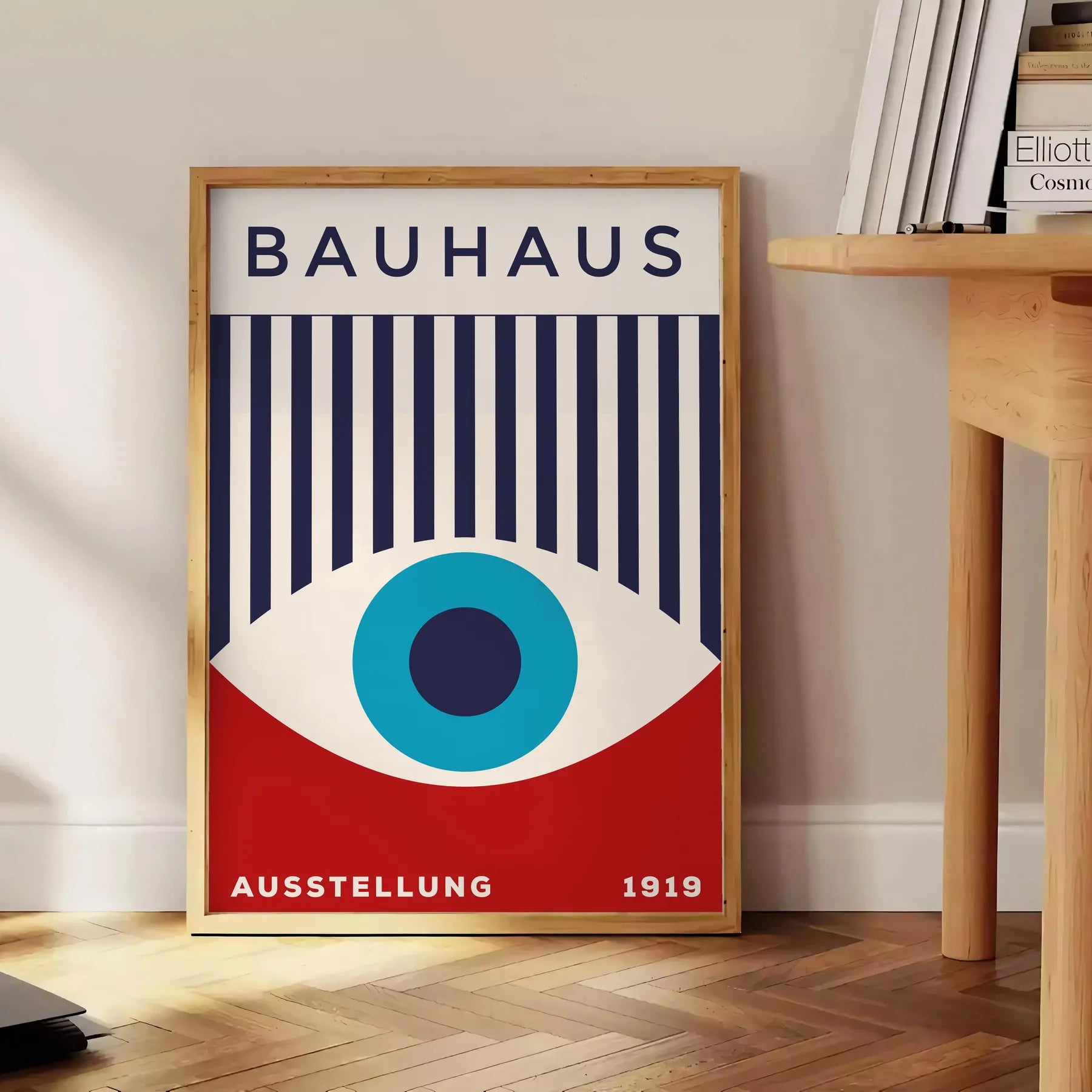space Bauhaus wall art geometrical designs vibrant blue red eye poster perfect modern interiors thoughtful gift A4 cm A0 sizes room stylish artwork