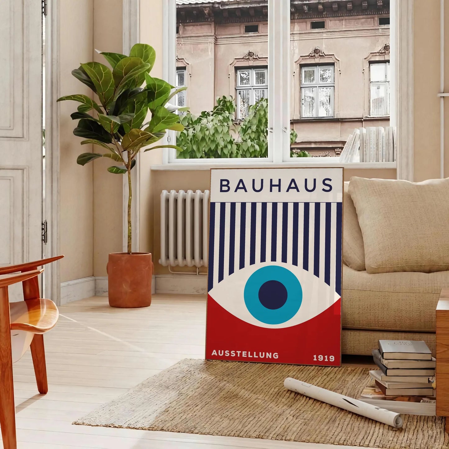 space Bauhaus wall art geometrical designs vibrant blue red eye poster perfect modern interiors thoughtful gift A4 cm A0 sizes room stylish artwork