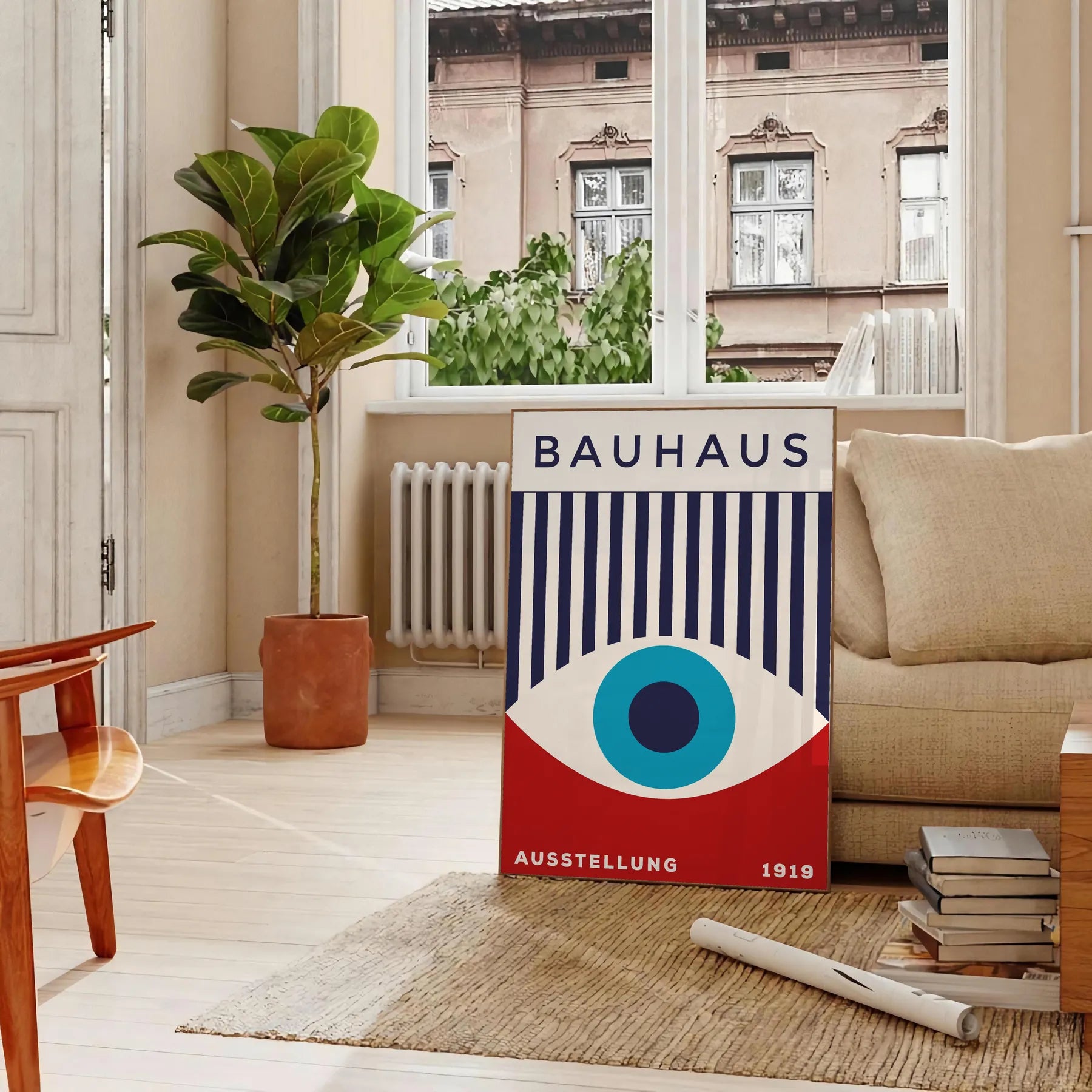space Bauhaus wall art geometrical designs vibrant blue red eye poster perfect modern interiors thoughtful gift A4 cm A0 sizes room stylish artwork