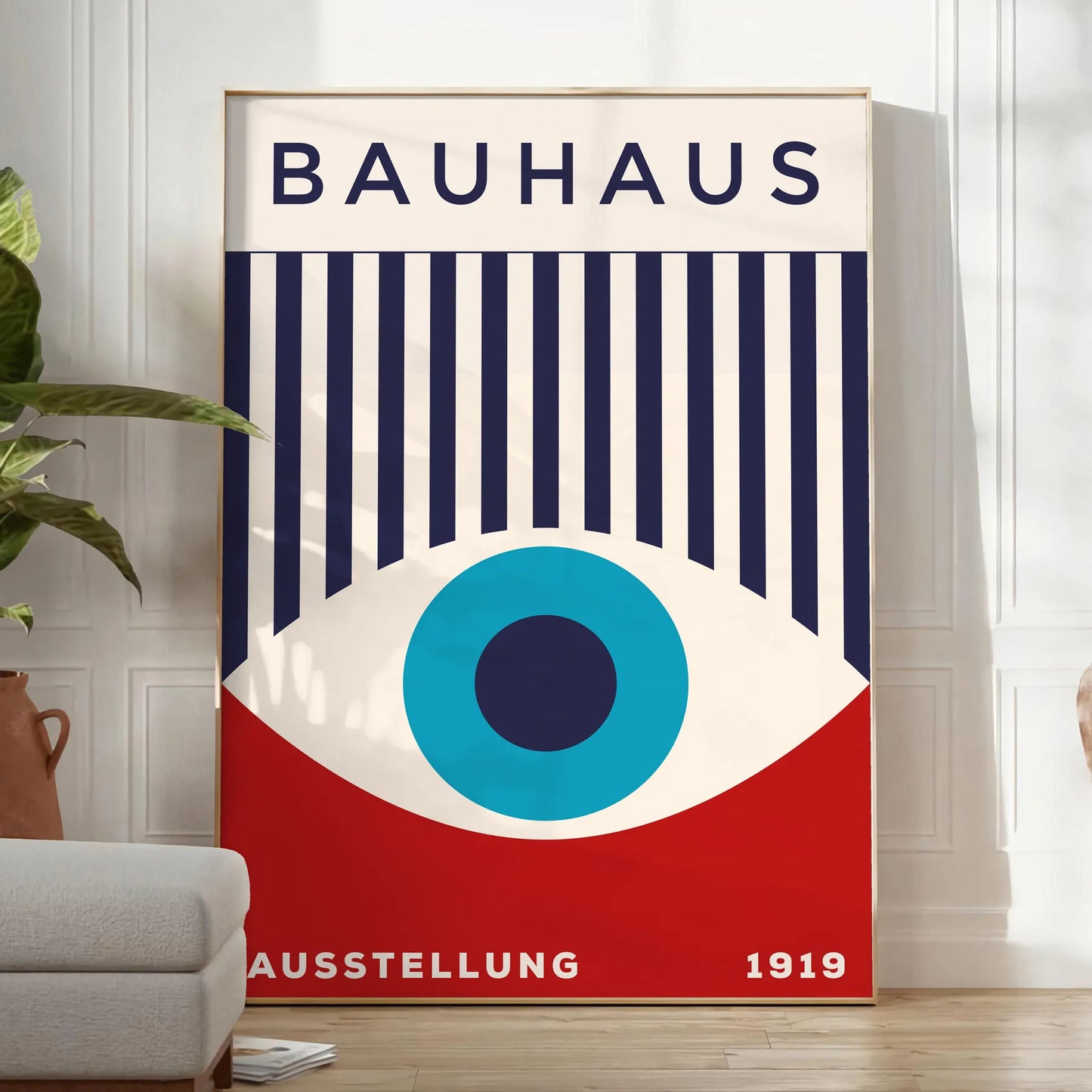 space Bauhaus wall art geometrical designs vibrant blue red eye poster perfect modern interiors thoughtful gift A4 cm A0 sizes room stylish artwork