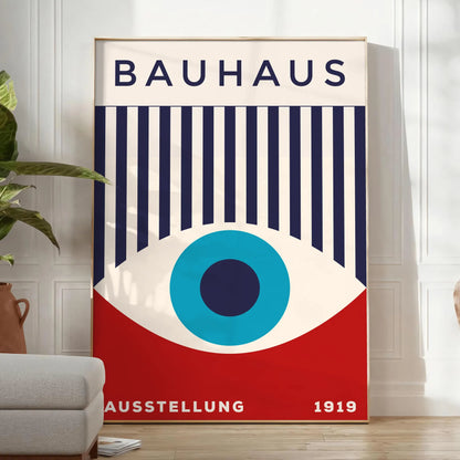 space Bauhaus wall art geometrical designs vibrant blue red eye poster perfect modern interiors thoughtful gift A4 cm A0 sizes room stylish artwork